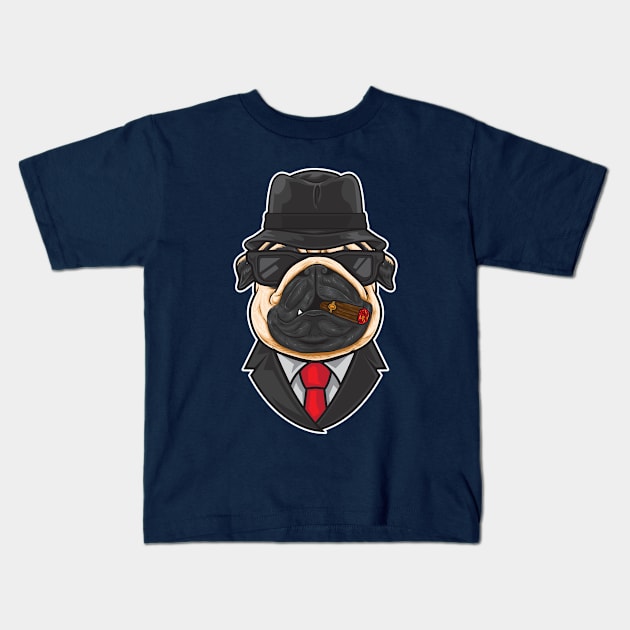 Mafia Pug Smoking Illustration Kids T-Shirt by AST